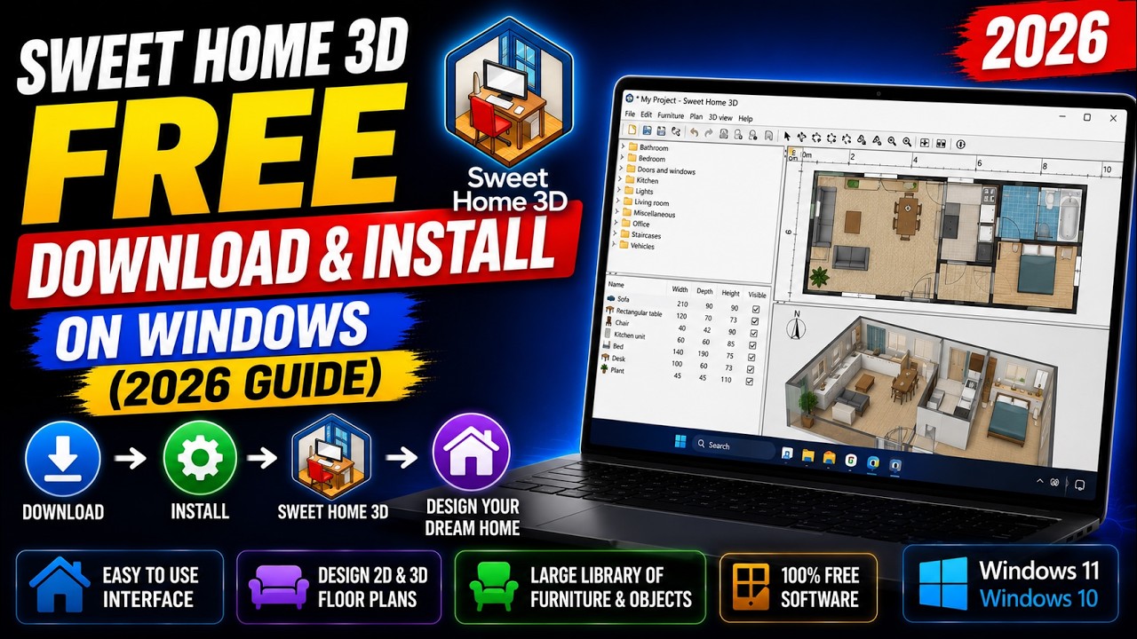 Sweet Home 3D: бесплатная загрузка и установка на Windows (руководство на 2026 год)