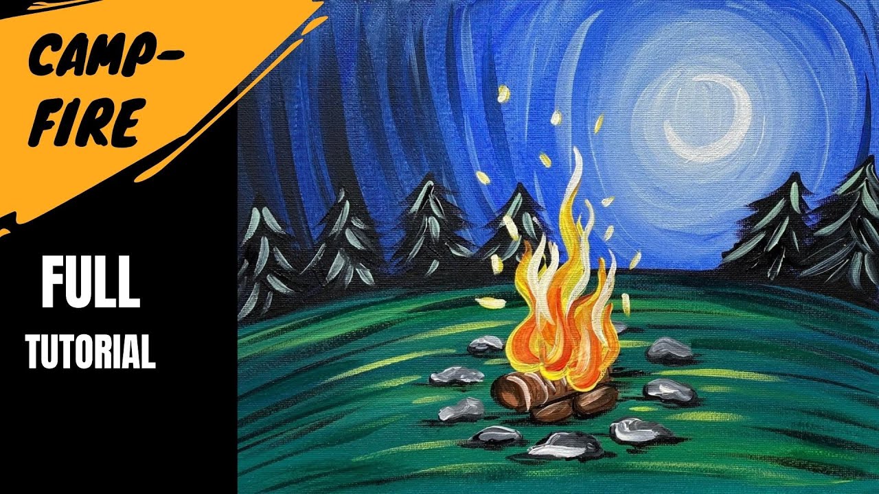 🏕 EP117 — «Костер» — простой урок рисования акриловыми красками для начинающих — летняя картина у...