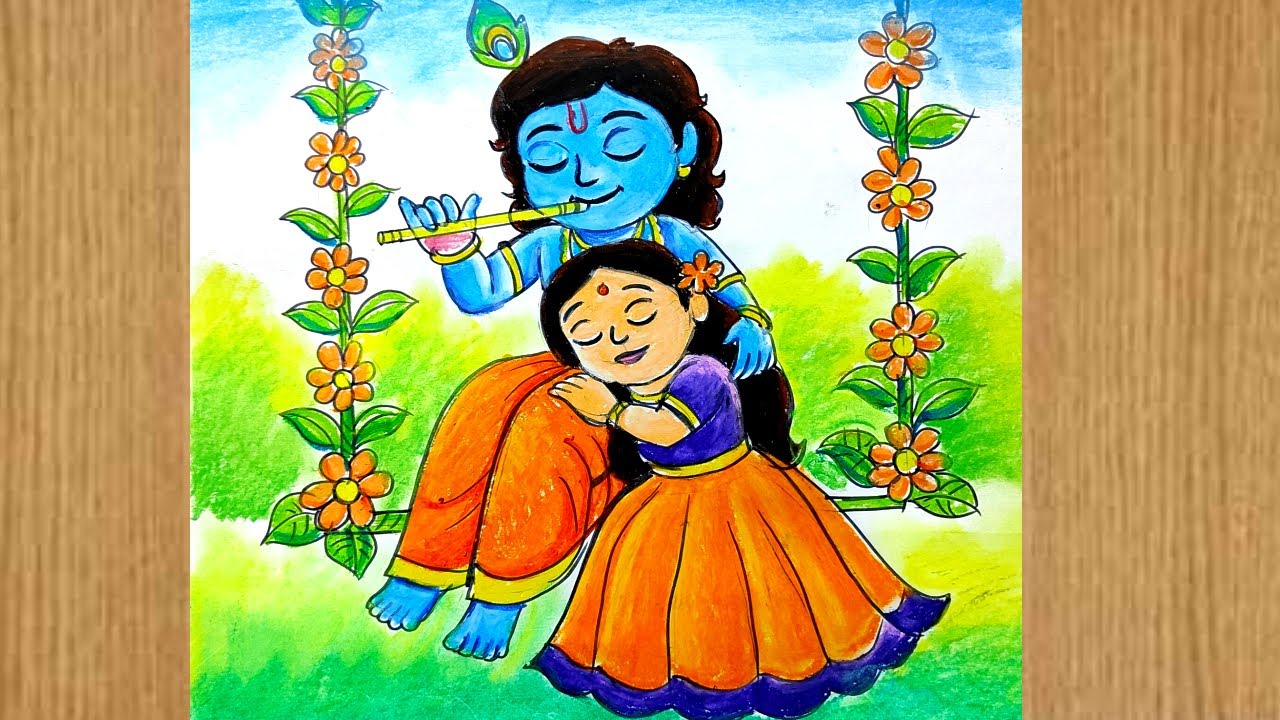how to draw cute lord radhakrishna with oil pastel color step by step for beginners,