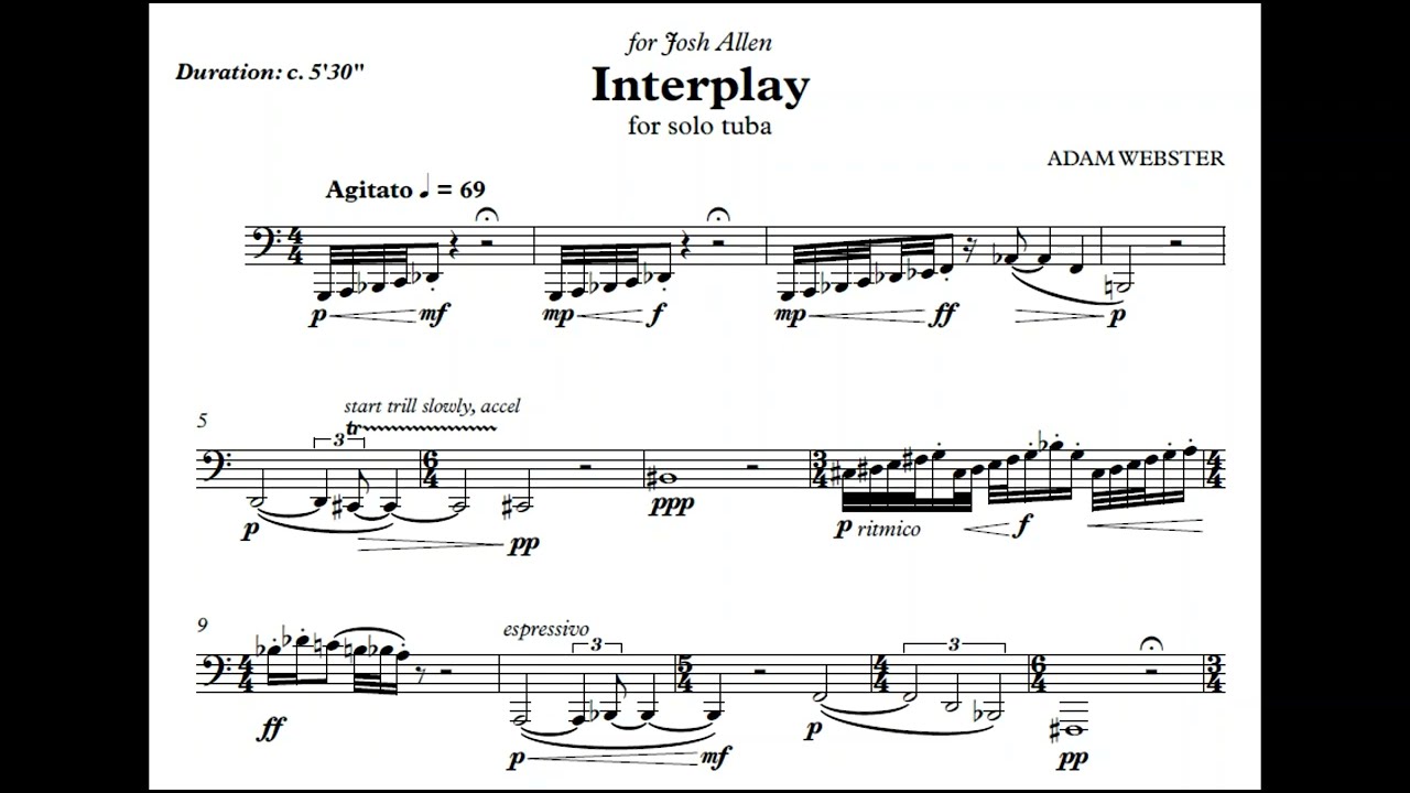 Adam Webster - Interplay, for solo tuba (Score Video)