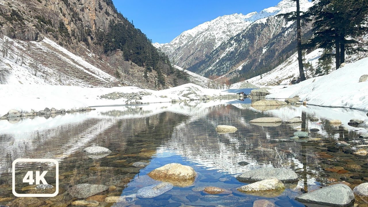 4K Crystal Clear Snow Mountain River Reflection | Peaceful Water Sounds for Deep Sleep (3 Hours)