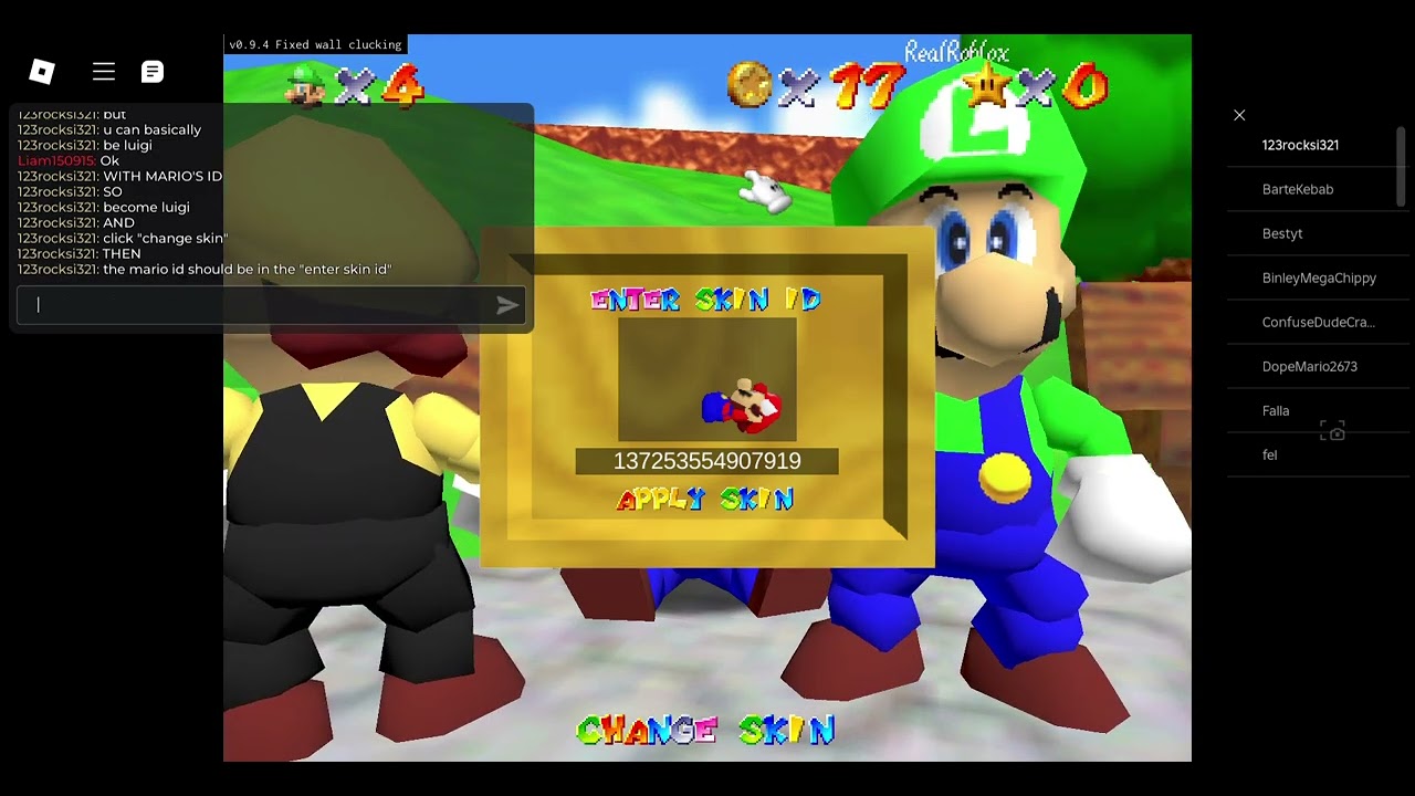 how to be luigi but with mario's id in super bagel 47 (in roblox)