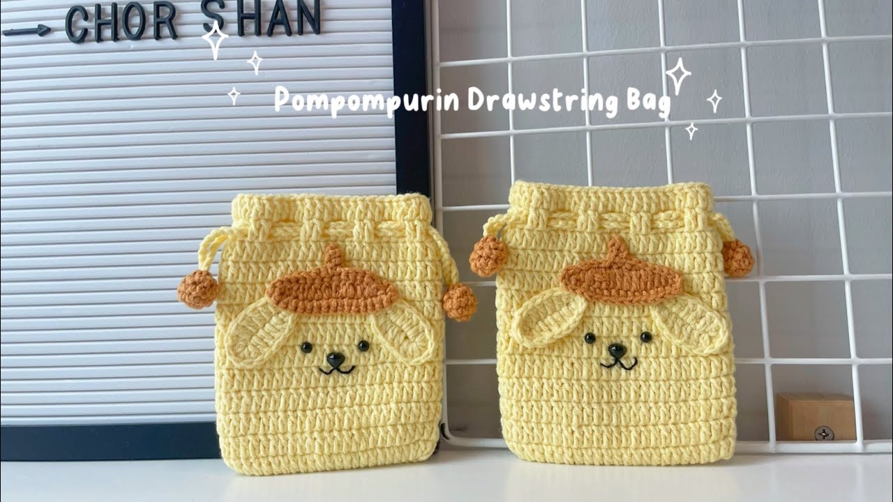 Crochet tutorial : How to do Pompompurin Drawstring Bag 💛🎩