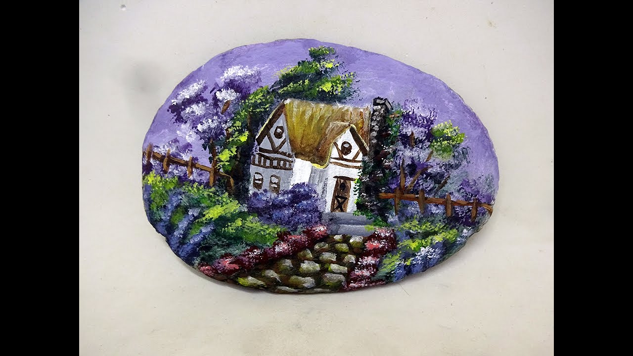 COMO PINTAR PIEDRAS CON PAISAJE DE JARDIN CON CASA PASO A PASO   Pedreta de Riu 7 by Susana Puig