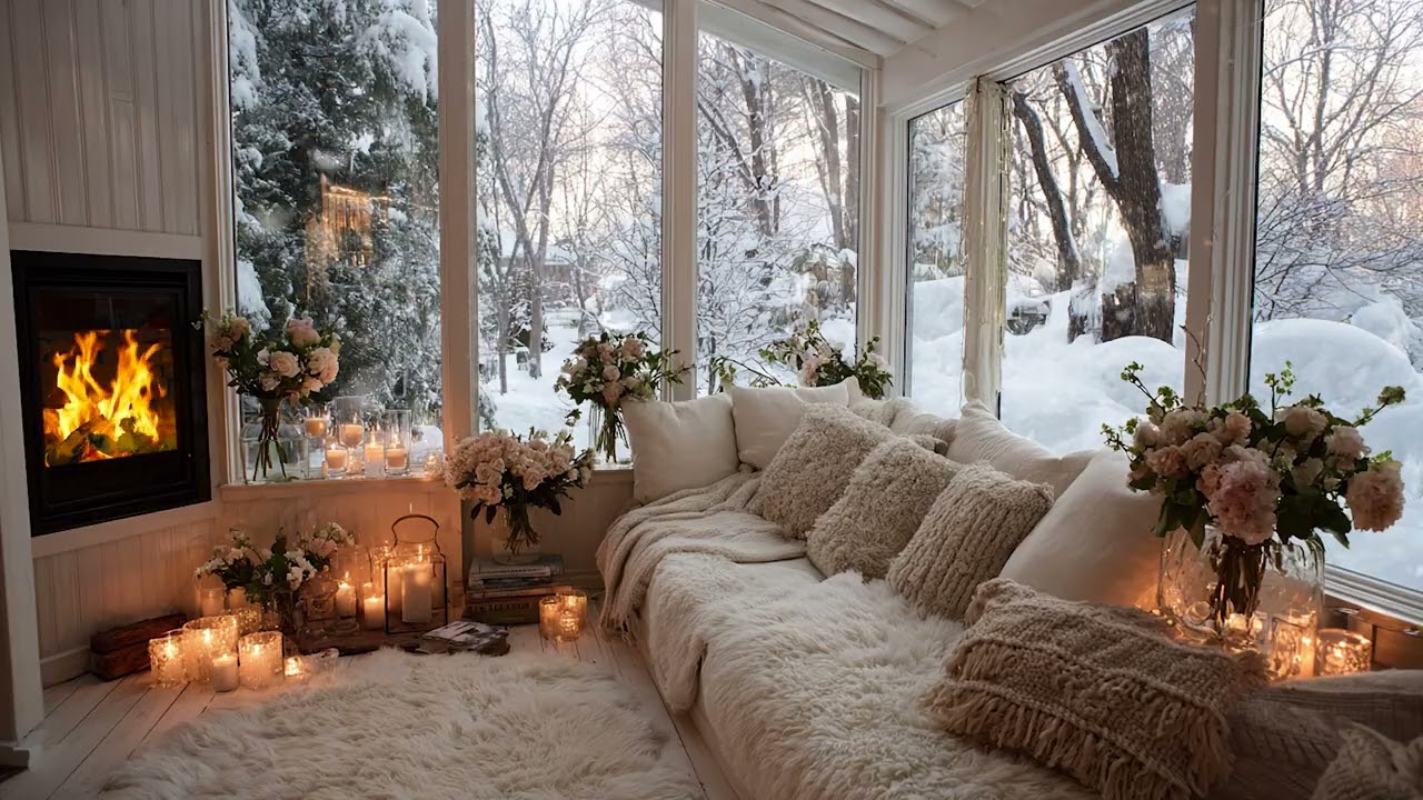 Cold Snow Wind Passing the Window | Fireplace Sounds for Relaxing Winter Evenings