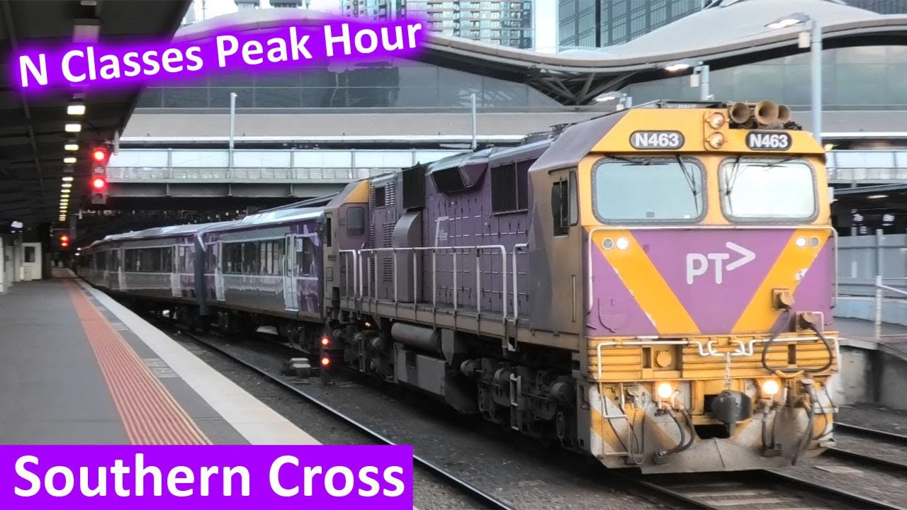 V/Line N Class locomotive-hauled trains at Southern Cross Station during Peak Hour