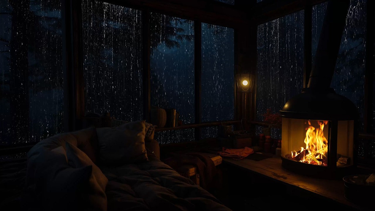 Relaxing Night in a Forest Cabin with Window Rain and Crackling Fire Sounds