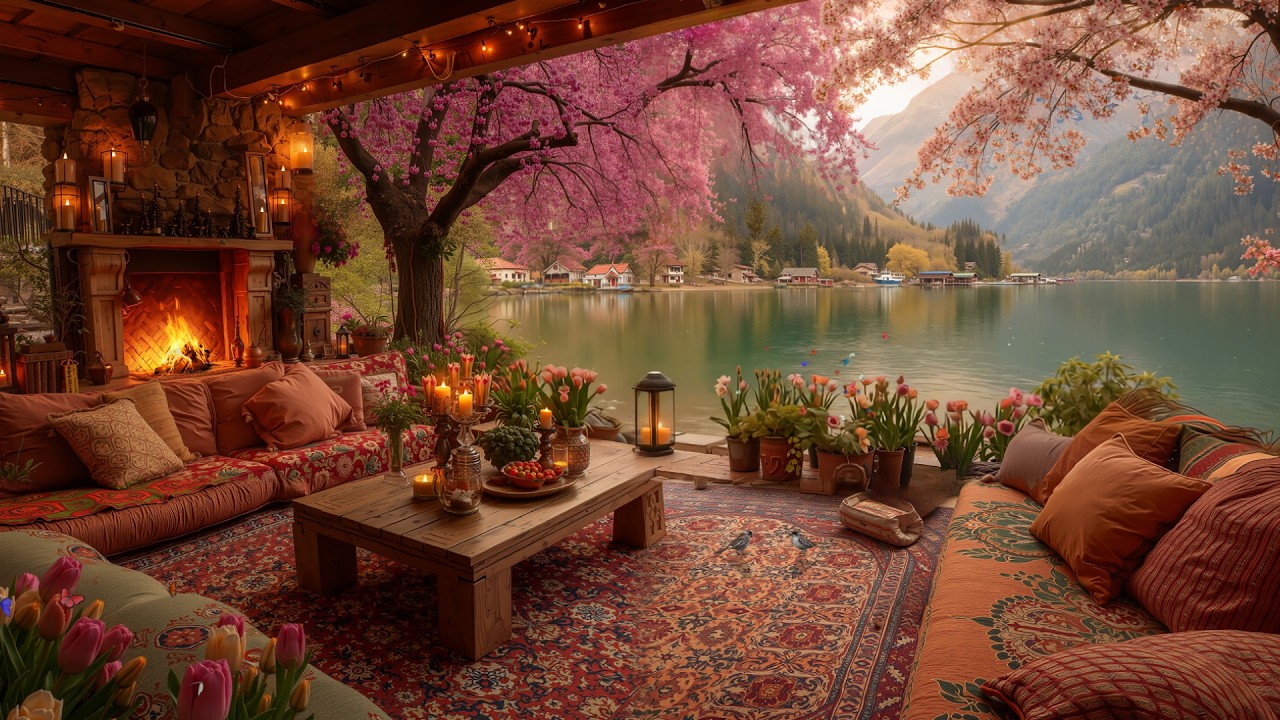 Peaceful Spring Morning by the Lake🌸 | Soft Piano & Crackling Fireplace Sounds for Focus