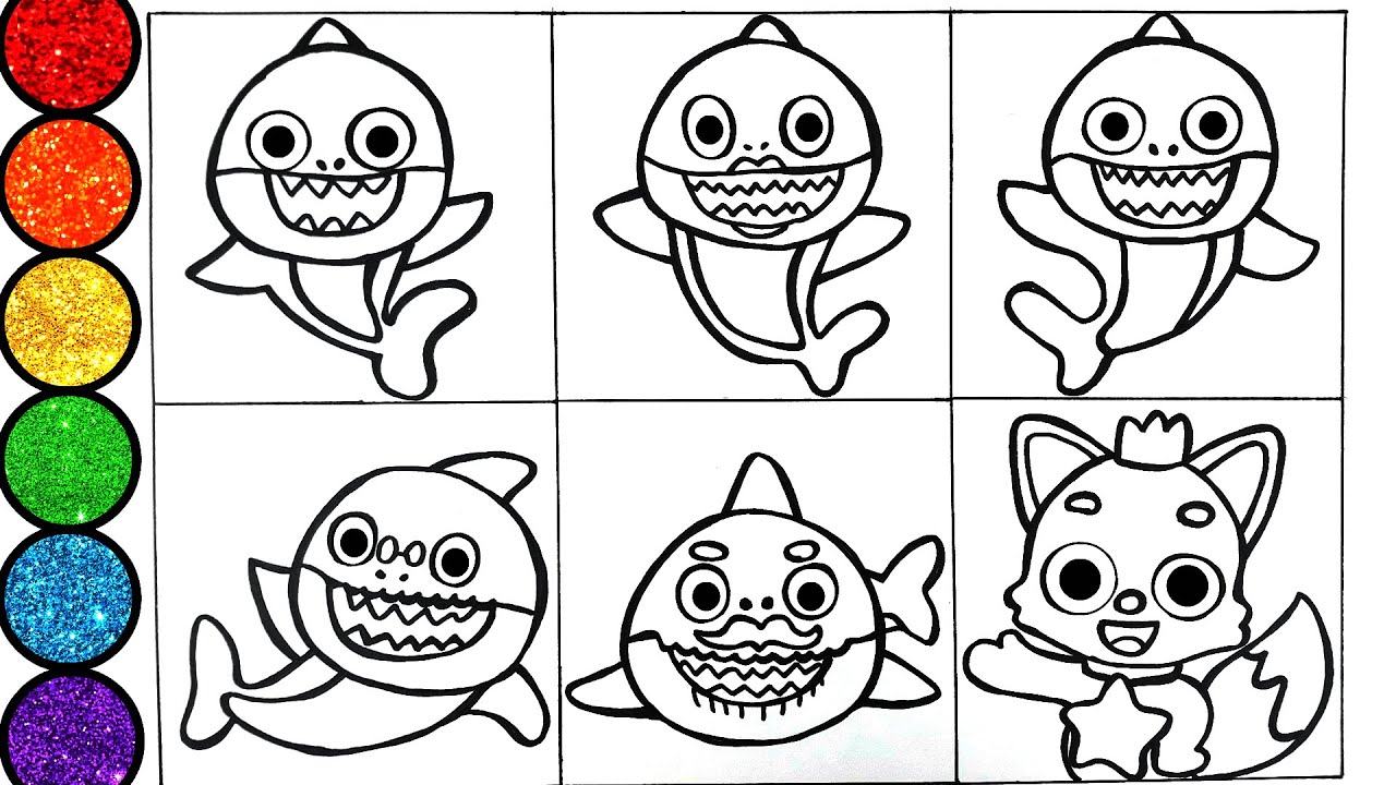 Learn How to draw Baby Shark Family and Pinkfong- Glitter Painting and art for kids