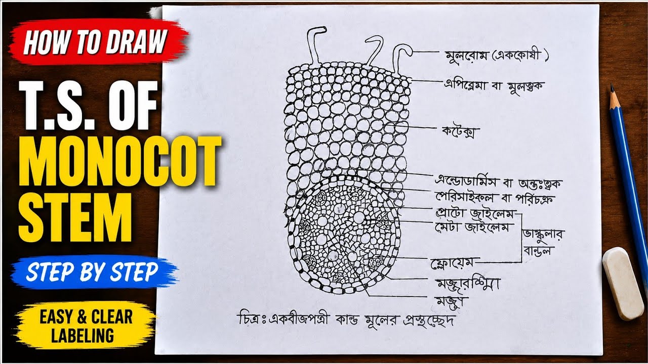 How to Draw T.S. of Monocot Stem | Biology Diagram Drawing Step by Step | Class 11 & 12