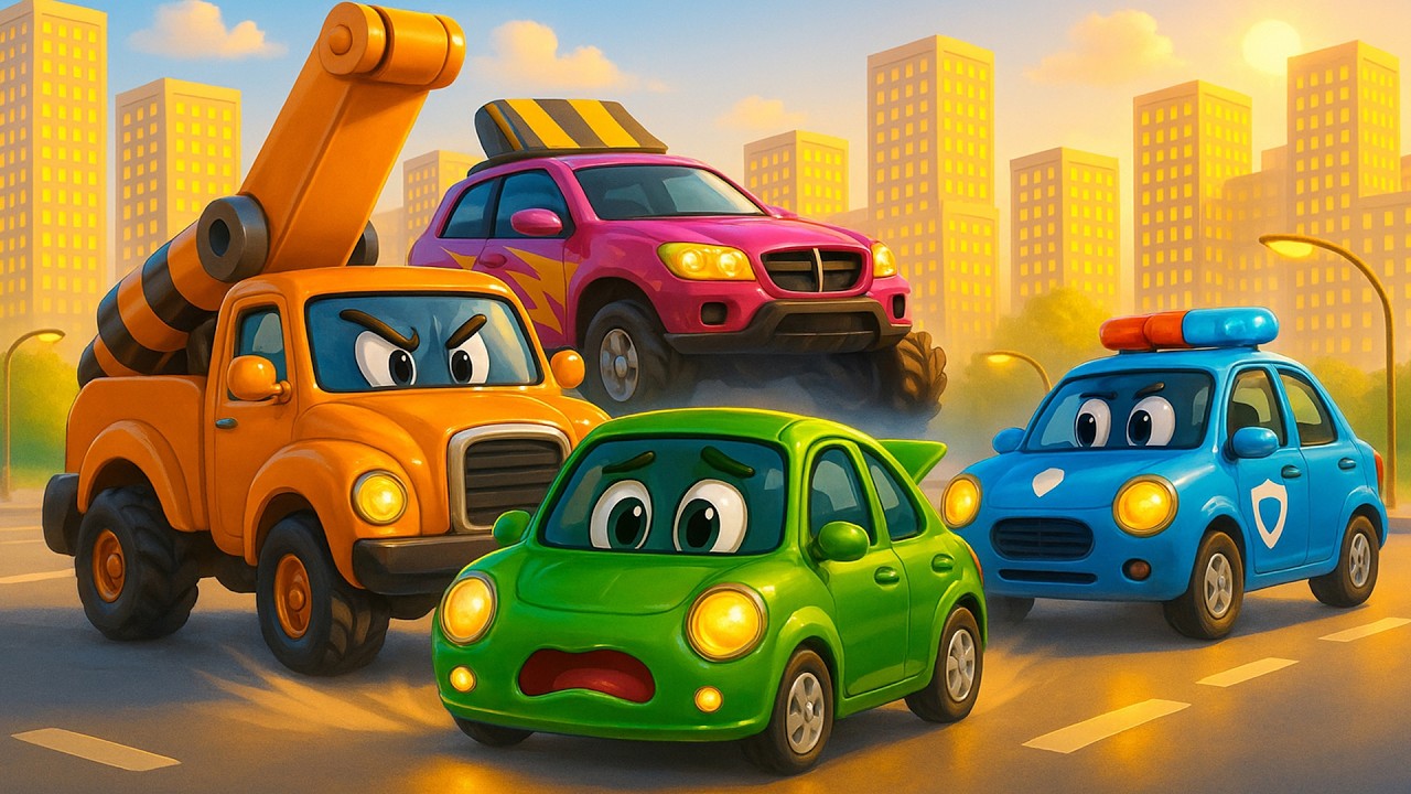 Green Car’s Emergency 🚑💨 Tow Truck and Police Race to the Rescue | Vehicle Animation