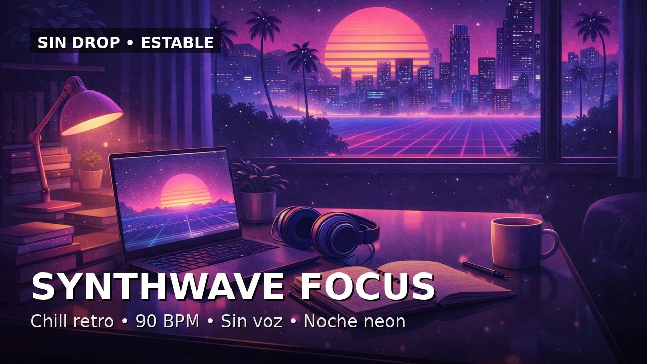 SYNTHWAVE para Estudiar (Sin Voz) | 90 BPM | Noche Neón | Sin Drops