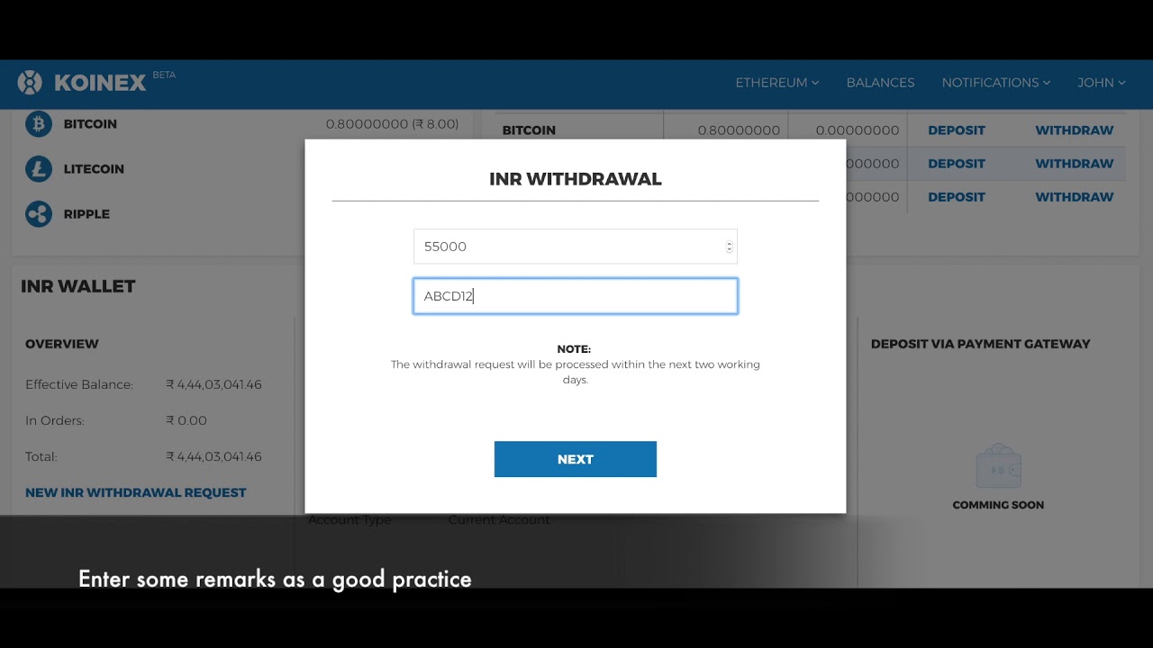 How to withdraw INR from Koinex