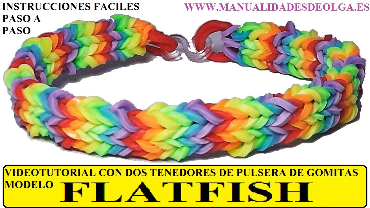 COMO HACER PULSERA DE GOMITAS FLATFISH O QUADFISH PLANA CON 2 TENEDORES VIDETUTORIAL DIY