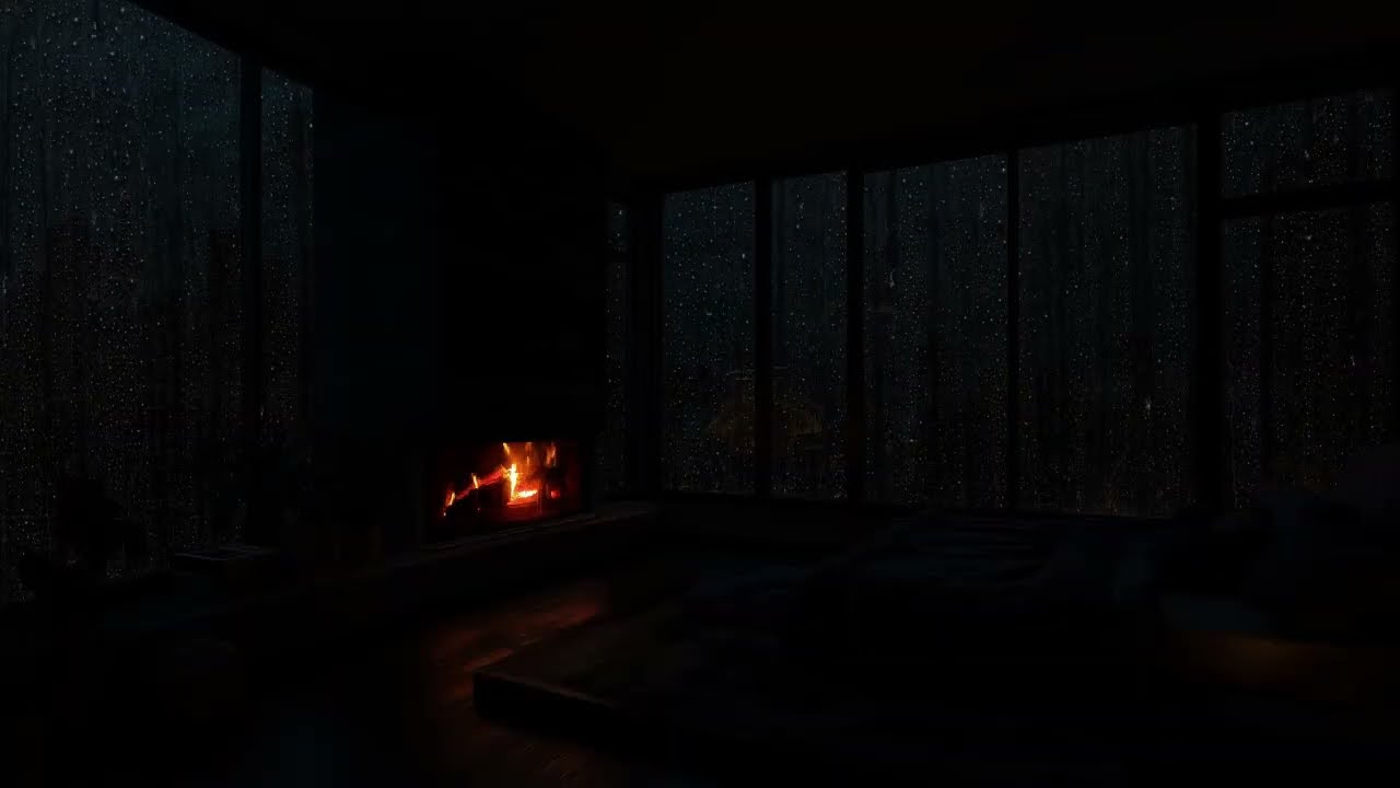 4-Hour Night Rainstorm NYC | Luxury Window View, Soft Rain, Gentle Thunder & Fire Crackling