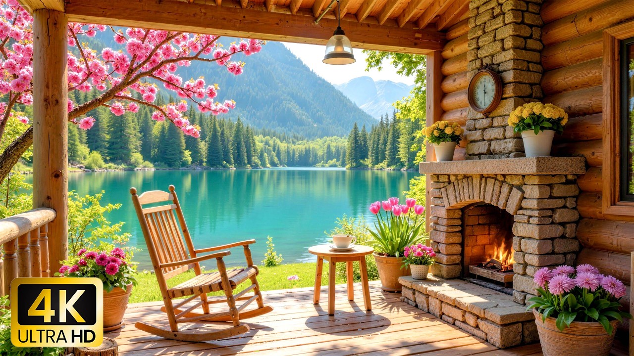 Spring Morning Lakeside Cabin Ambience 🌿 Gentle Piano, Crackling Fire & Bird Sounds for Relaxing
