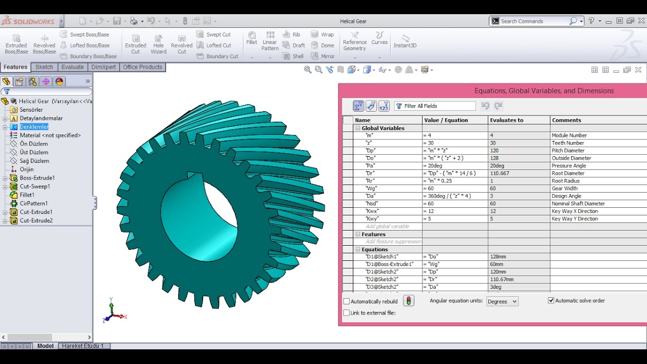 Helical Gear Drawing with Equation in SolidWorks