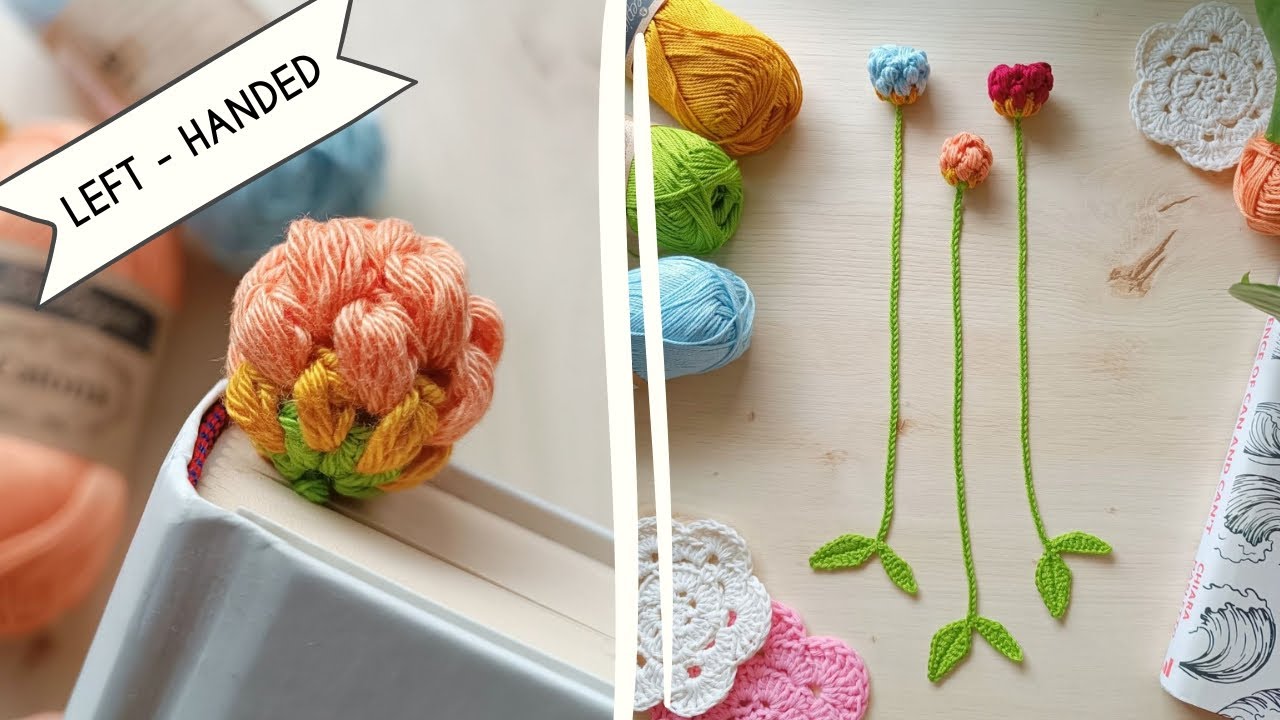 Left-Handed Crochet | Puff Flower Bookmark Step-by-Step (Small)
