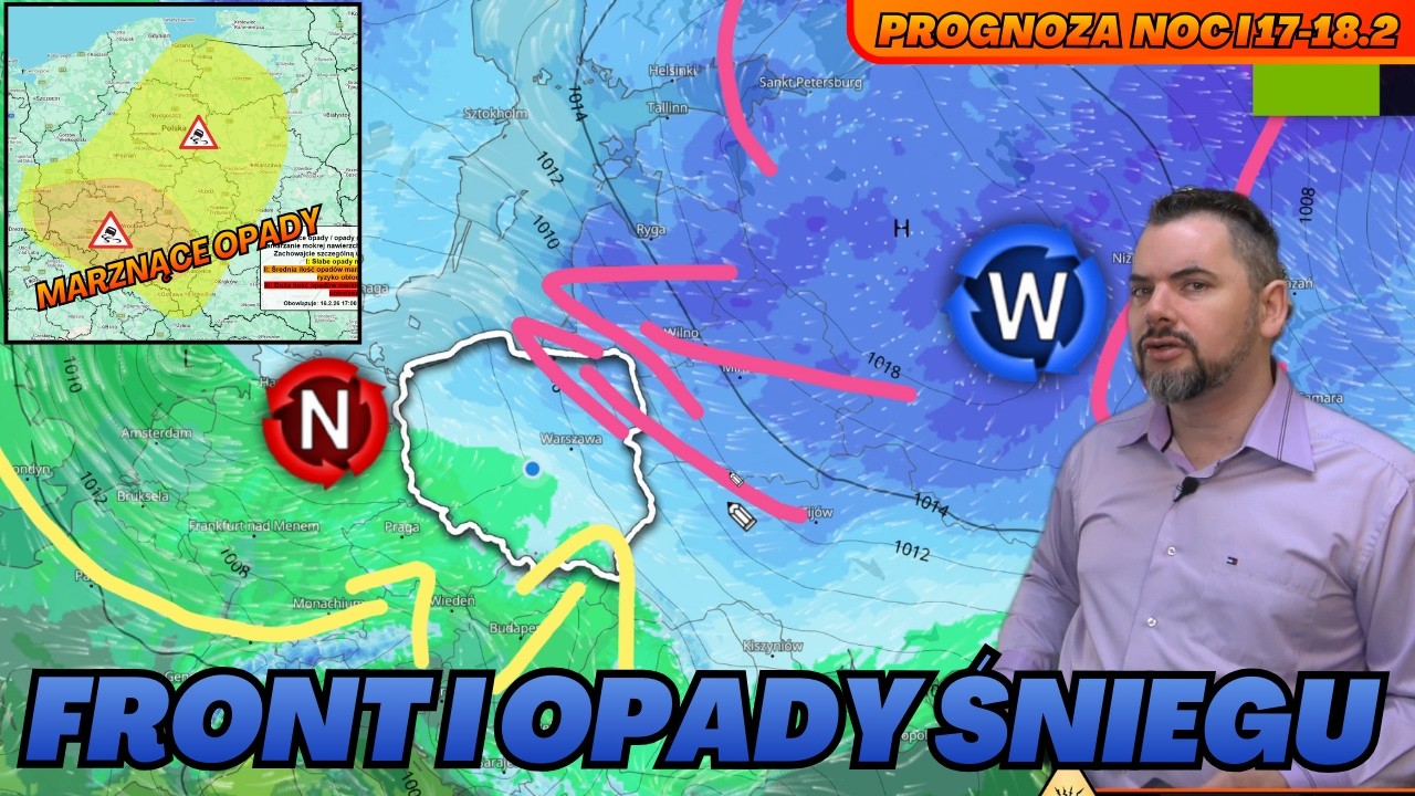 Od zachodu wejście opadów śniegu i marznących. Na wschodzie jeszcze silny mróz. Prognoza.