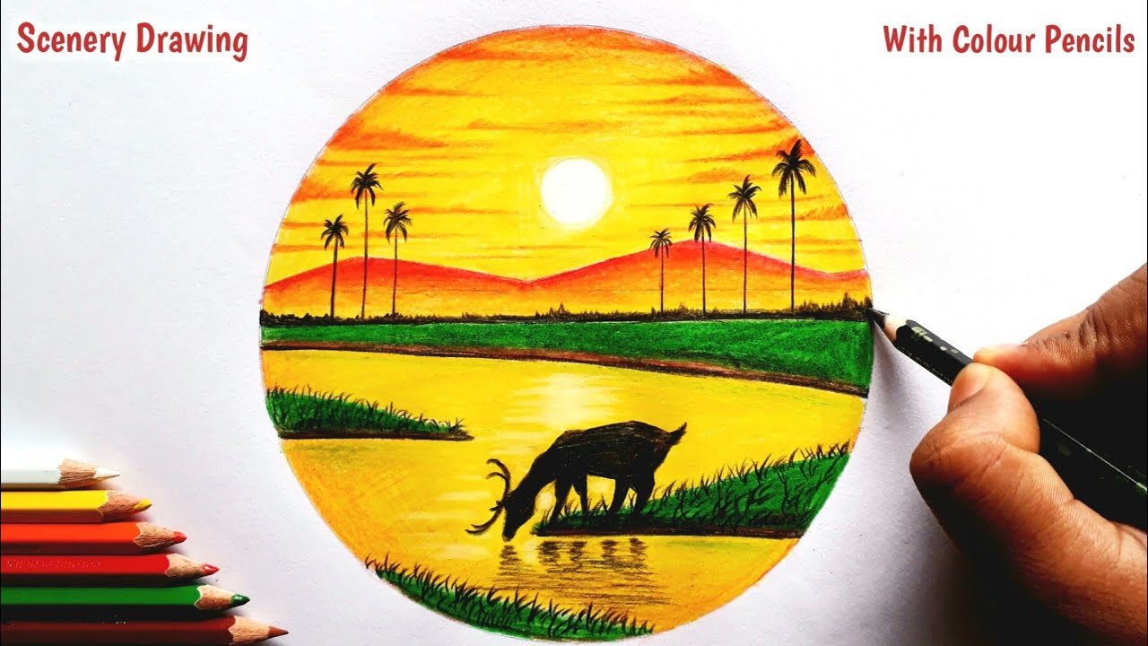 How to draw a Sunset Scenery with Colour Pencils || Easy Drawing Of Deer Drinking Water From River