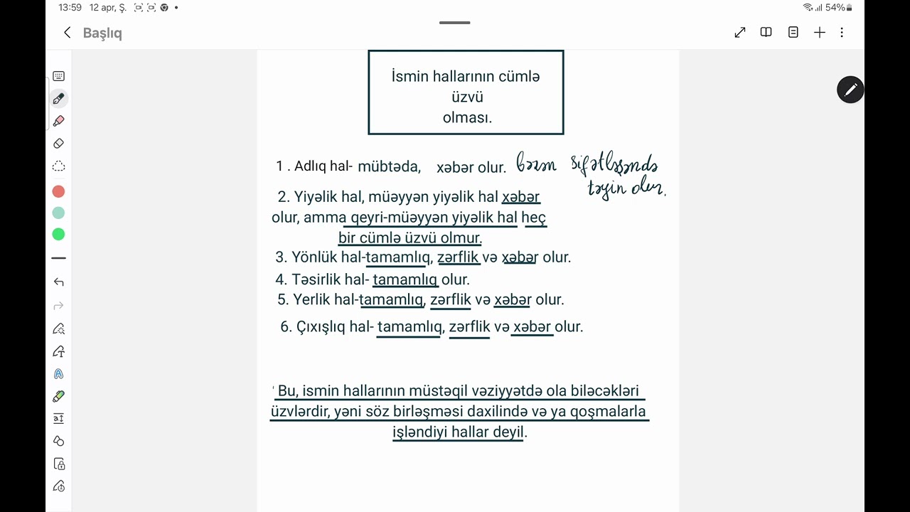 İsmin hallarının hansı cümlə üzvü olması.