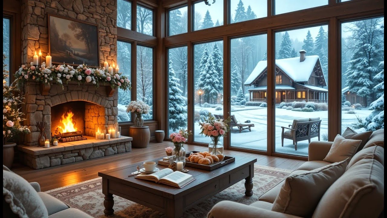 Calm Winter Coffee Shop ❄️ Smooth Jazz & Warm Fireplace for Studying and Working