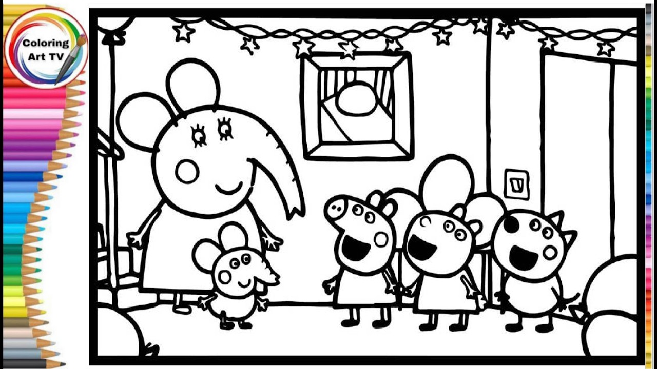 Peppa Pig with her friends at a school party _ Learn how to draw and color a Peppa Pig page