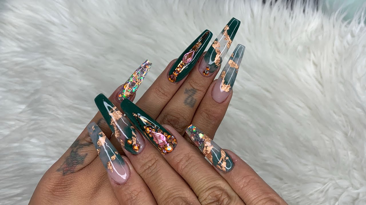 Watch me do my nails | money green and copper foil acrylic nails