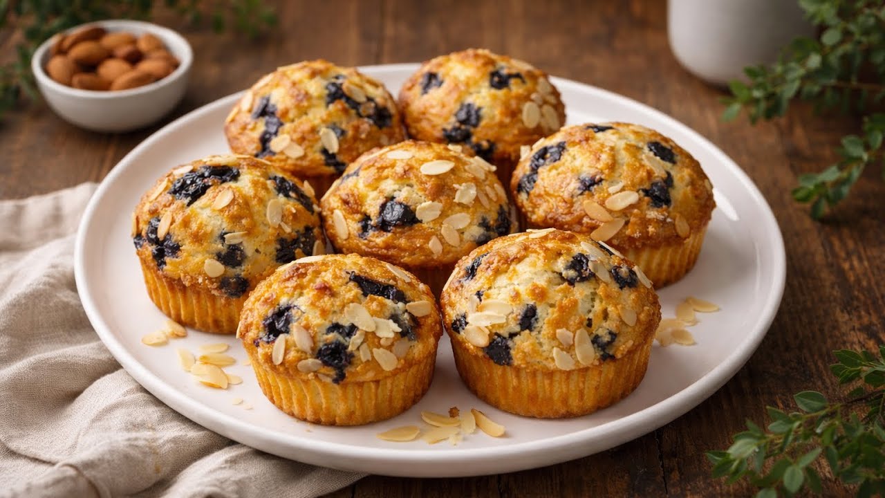 Blueberry Muffins with White Chocolate & Almond Flakes 🫐🧁