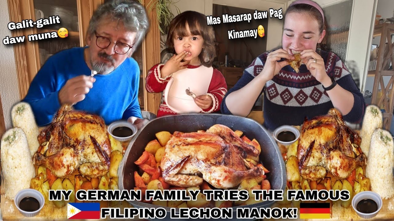 My german family tries the famous filipino lechon manok.