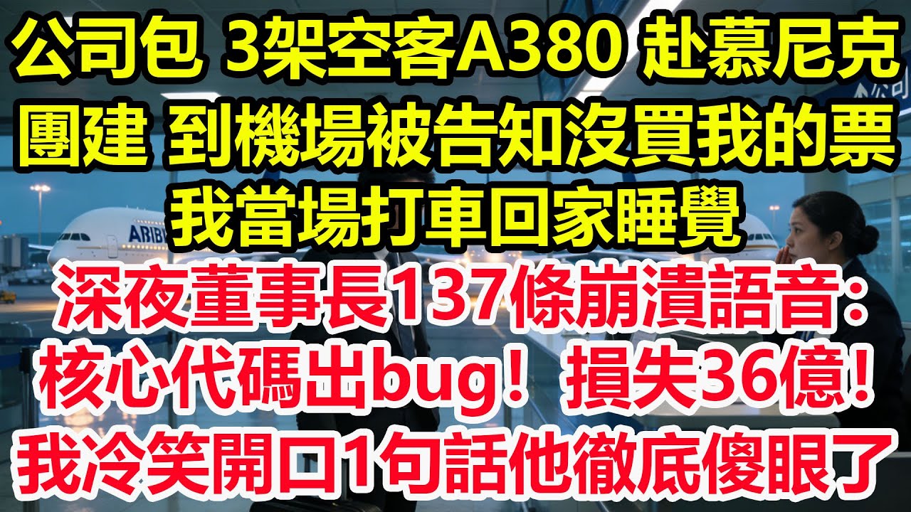 公司包 3架空客A380 赴慕尼克團建，到機場被告知沒買我的票，我當場打車回家睡覺，深夜董事長137條崩潰語音：核心代碼出bug！損失36億！我冷笑開口1句話他徹底傻眼了！#爽文 #職場 #生活