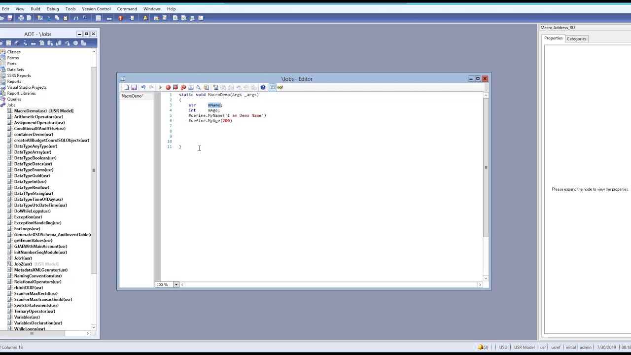 MS Dynamics AX 2012 Development Training Video : Creating Macros In X++ - Part I