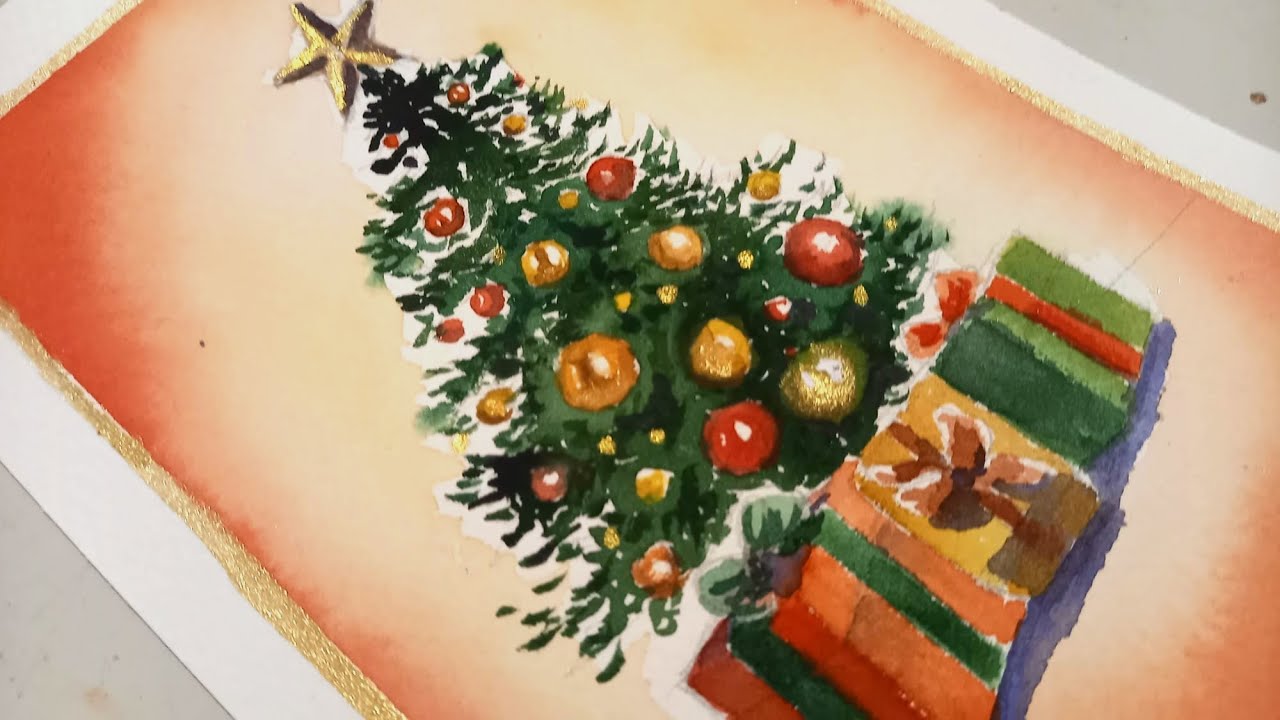 Christmas tree watercolor card - biglietto di auguri albero di Natale ad acquerello - quick and easy