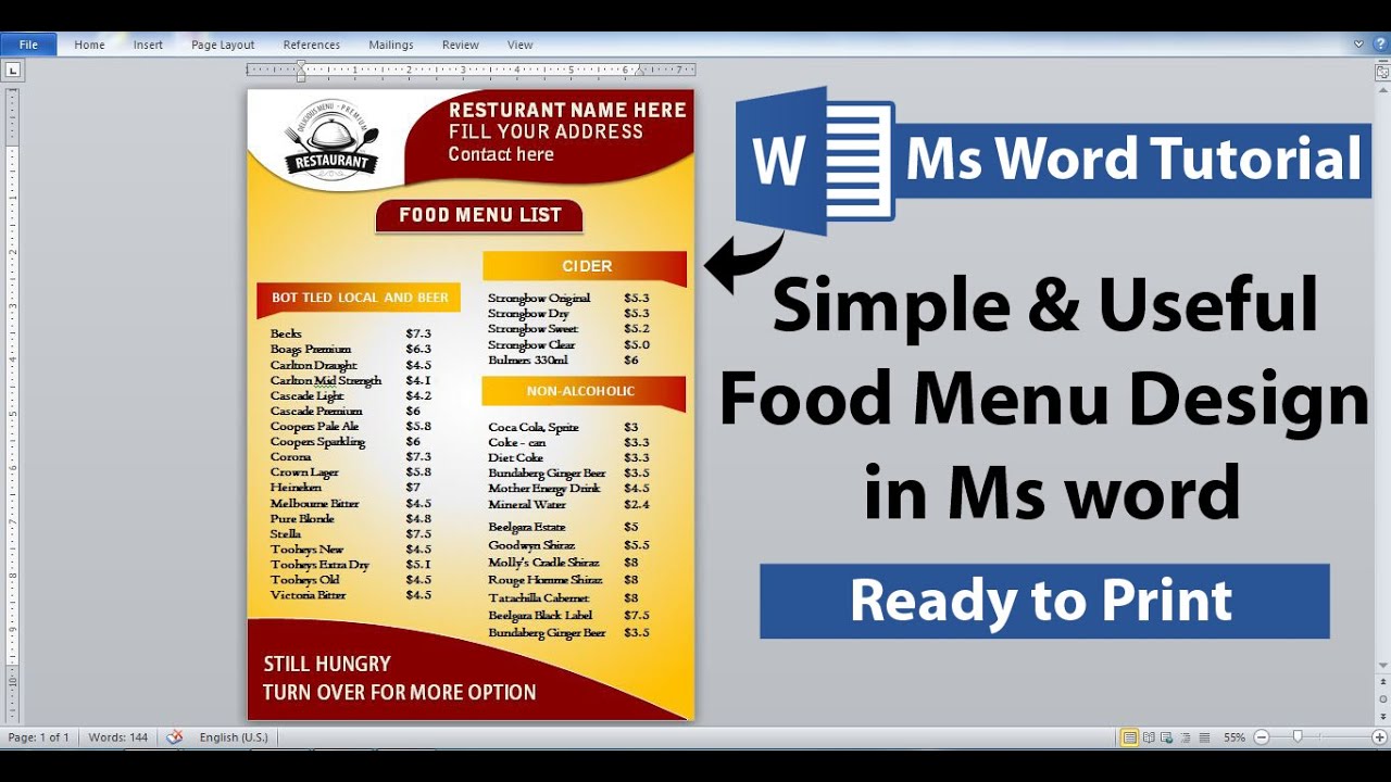 Menu Design in Microsoft word || Printable Restaurant Food Menu Design in Ms word || Ms word Design