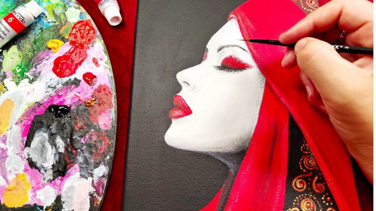 🎨 Пошаговая Акриловая Картина: Женщина в Красной Накидке с Вышивкой 🌹✨