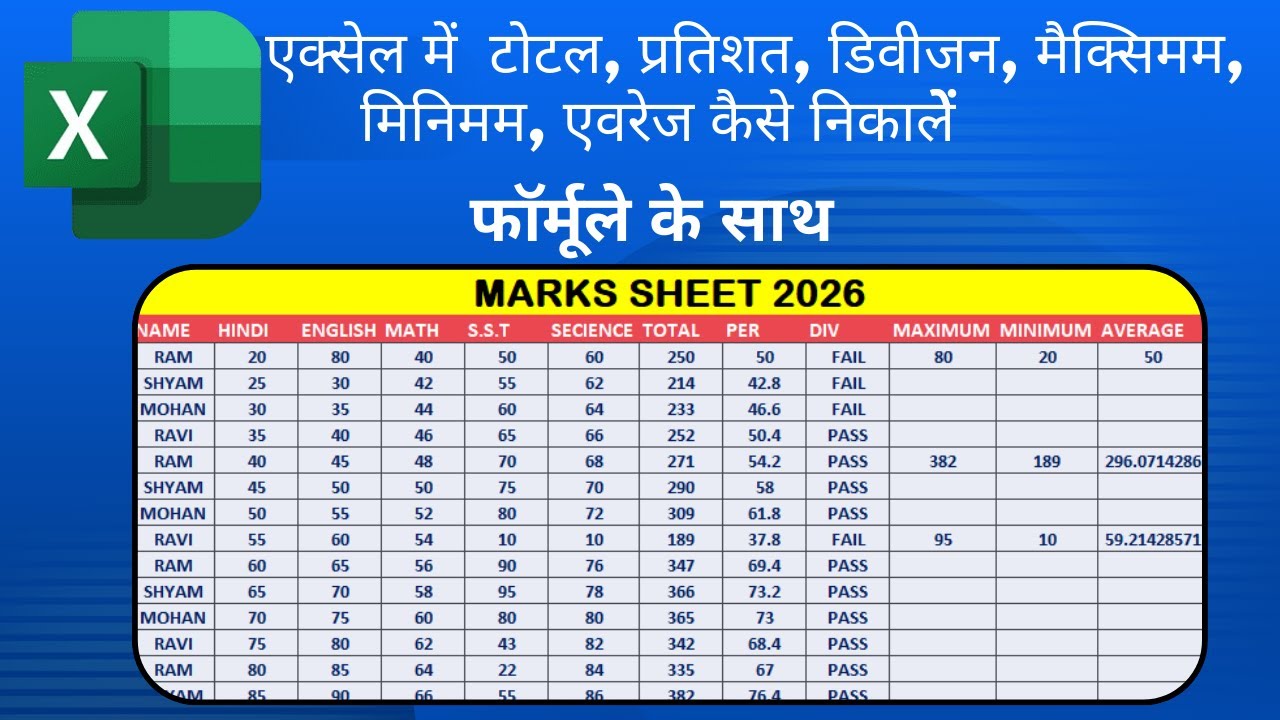 MS Excel Basic Formulas | SUM, Percentage, IF, MAX, MIN, AVERAGE, Merge & Center (Hindi).