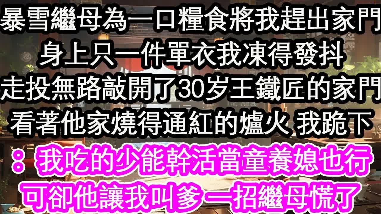 暴雪繼母為一口糧食將我趕出家門身上只一件單衣我凍得發抖走投無路敲開了村裏王鐵匠的家門看著他家燒得通紅的爐火 我跪下：我吃的少能幹活當童養媳也行可卻他讓我叫爹 一招繼母慌了【花開】【愛情】【生活】