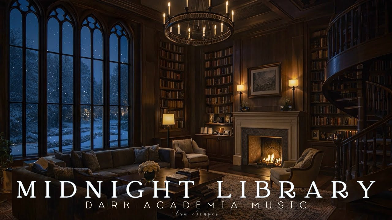 Snowstorm Library at Midnight | Dark Academia Piano & Cozy Fireplace Sounds | Sleep, Reading & Study