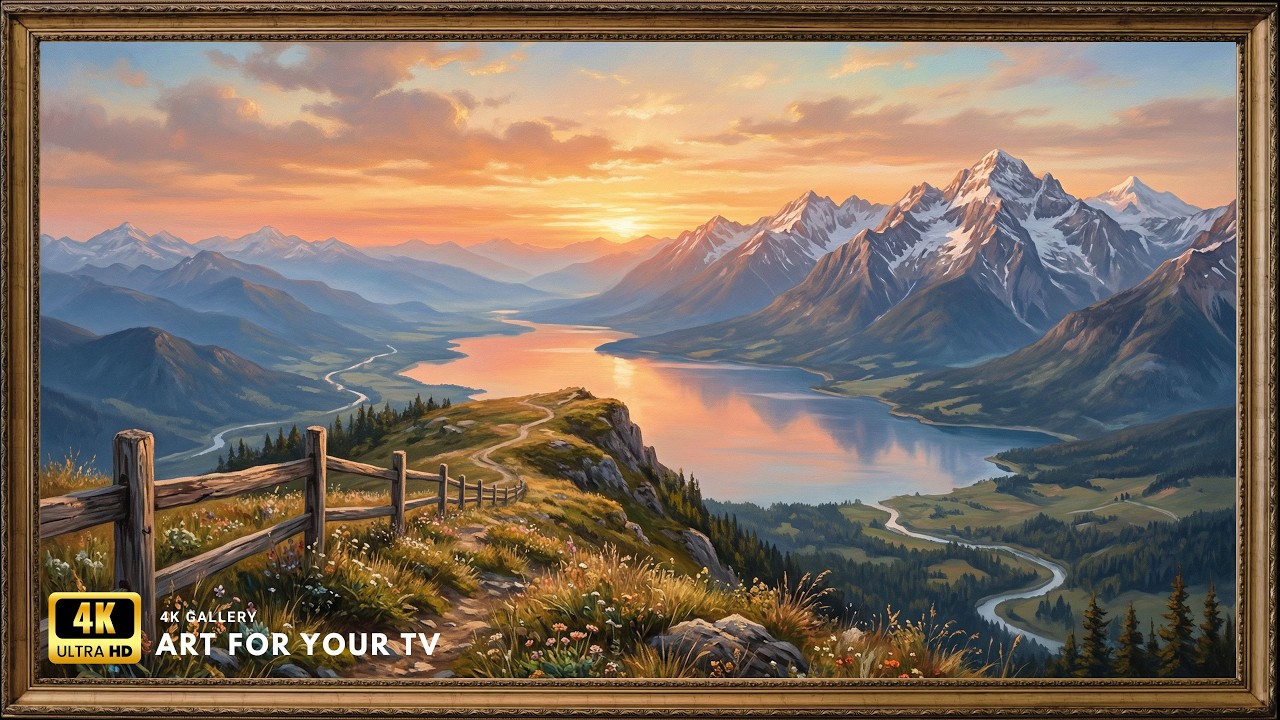 Sunset Valley & Snow-Capped Peaks, Classic Nature Fine Art 4K | Static TV Gallery Background