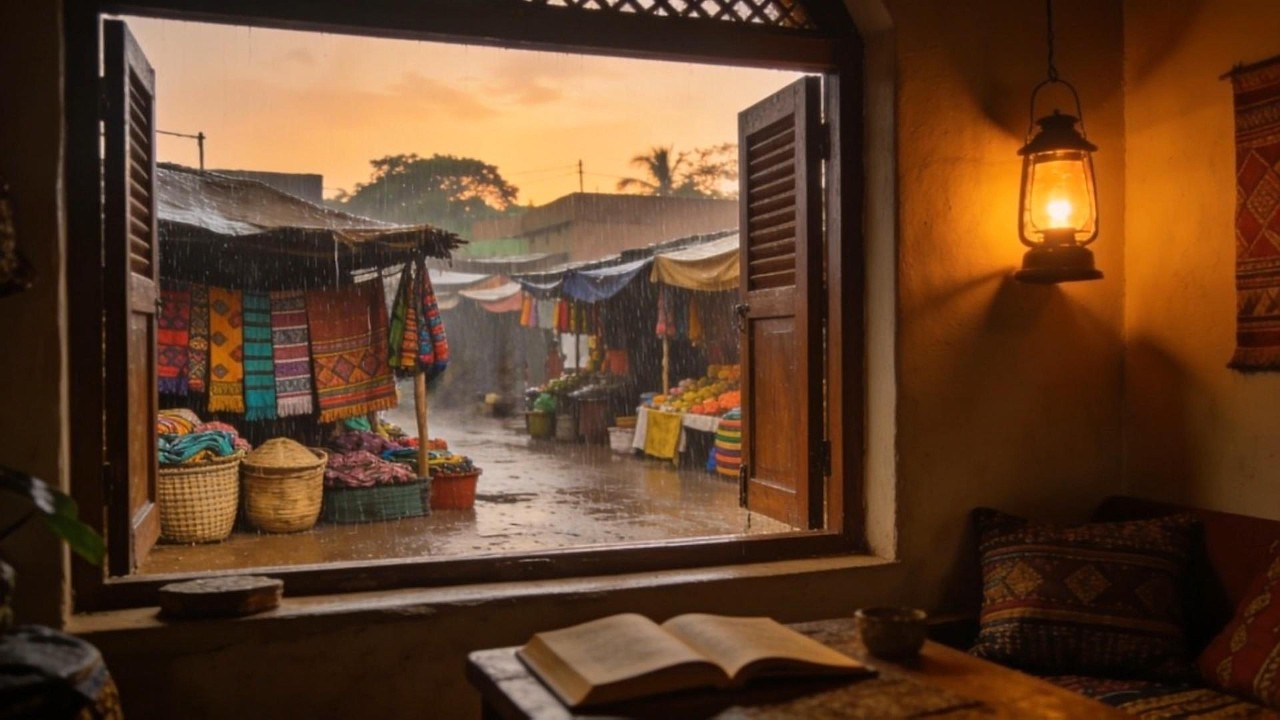 Cozy Reading Ambience by a Bustling Marketplace | Lantern Light Relaxation