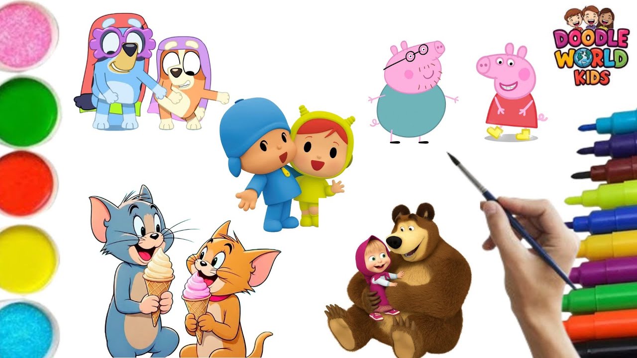How to Draw Cute Cartoons 🐷🐭🟦 | Peppa Pig, Bluey, Tom & Jerry, Pocoyo & Minions | Kids Rhymes