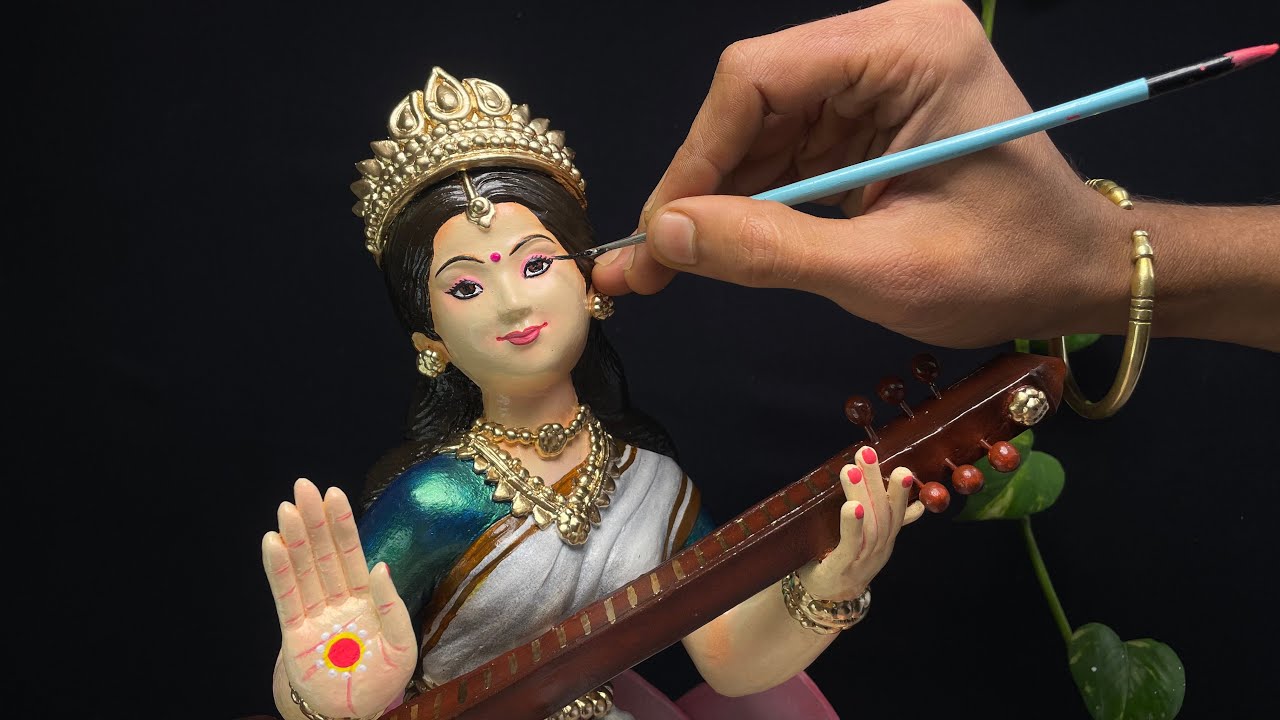 सरस्वती मूर्ति को colour करने का आसान तरीक़ा / Easy saraswati idol Colouring process