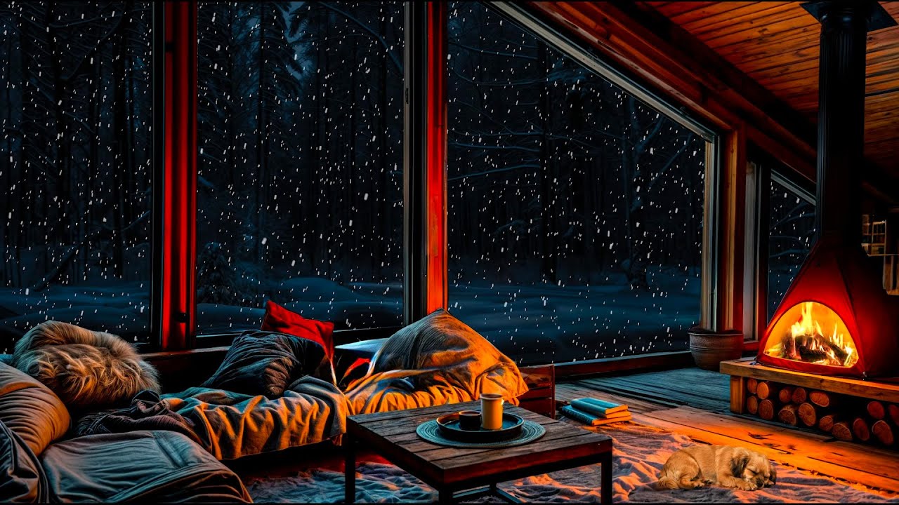 ❄️ Fireplace & Snowfall in a Glass Cabin 4K | Deep Sleep, Relaxing Winter Night🔥