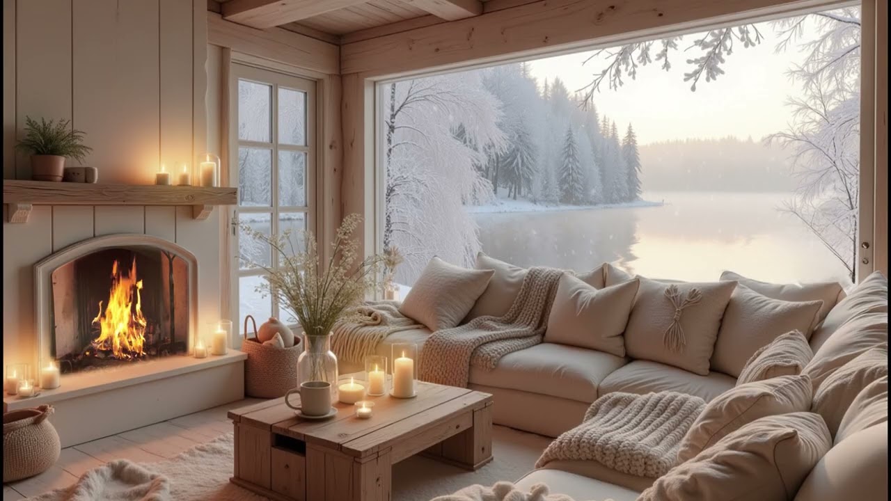 Cozy Cabin by the Lake ❆ Piano Melodies & Crackling Fire for Deep Focus & Relaxation