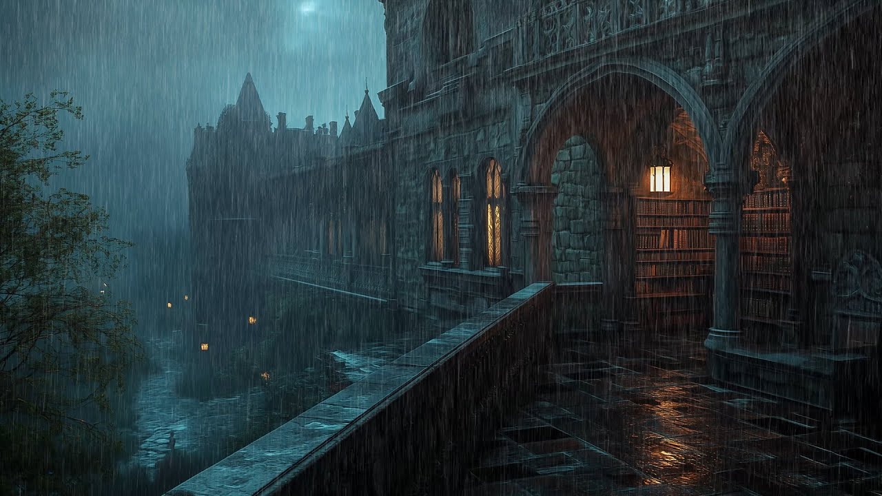 Walking the Rainy Gothic Library Corridor at Night | Dark Academia | Rainy Ambience for Study & Calm