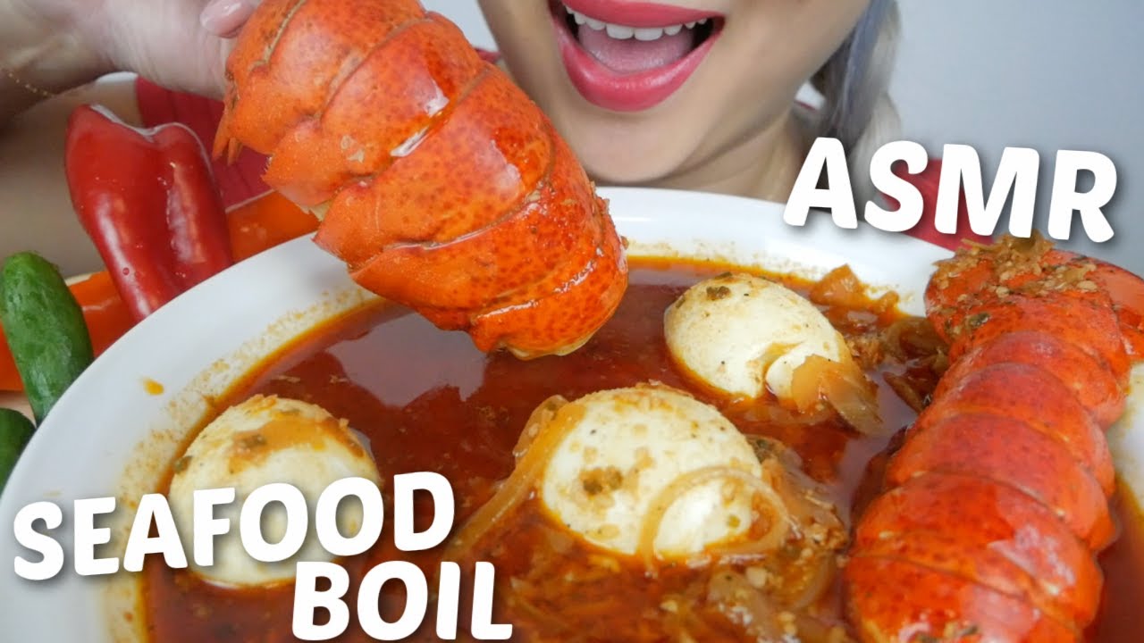 ASMR SEAFOOD BOILED with Soft Boiled Eggs and Lobster Tails *NO Talking Eating Sounds| N.E Let's Eat