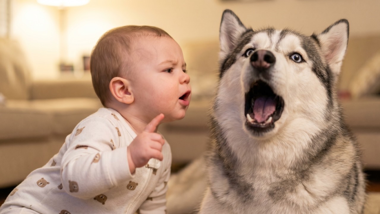 Baby Talks to Husky and He Talks Back 😂🐶