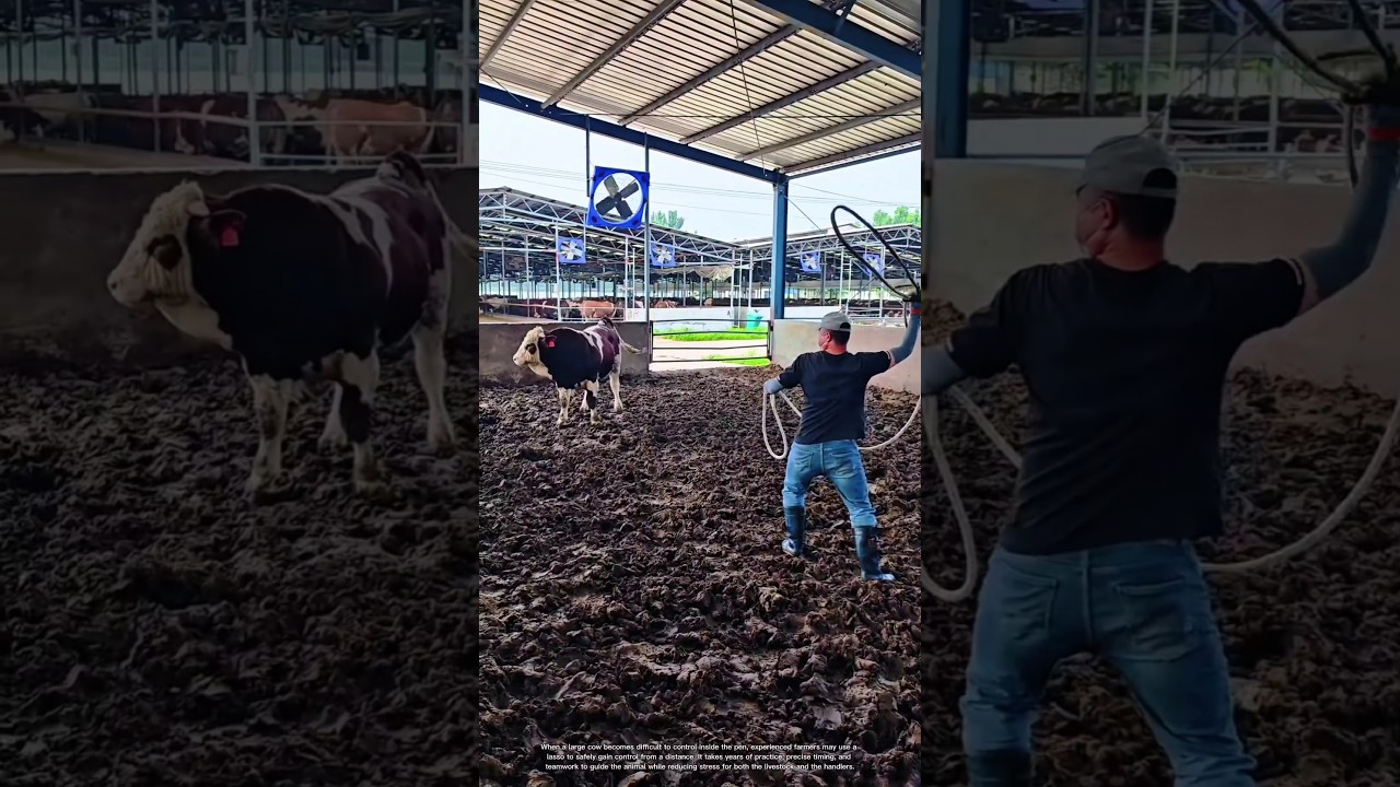 Why Farmers Use a Lasso to Control Large Cattle #rurallife #livestocklife #farm