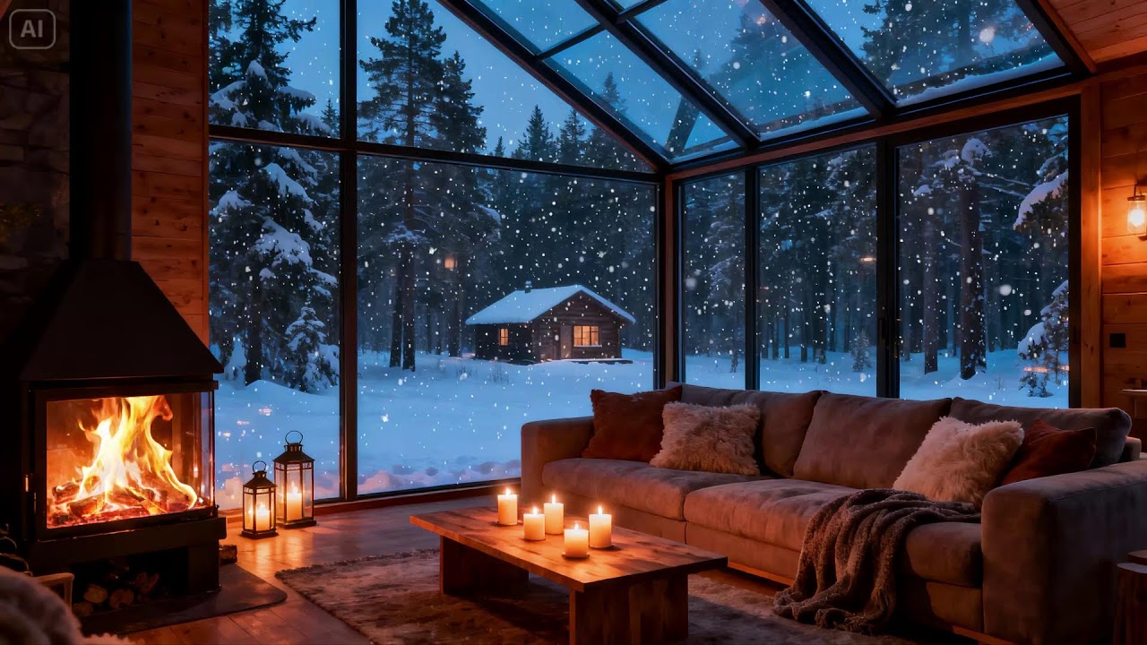 Study With Me in Winter Cabin - Calm Fire & Snowfall for Focus