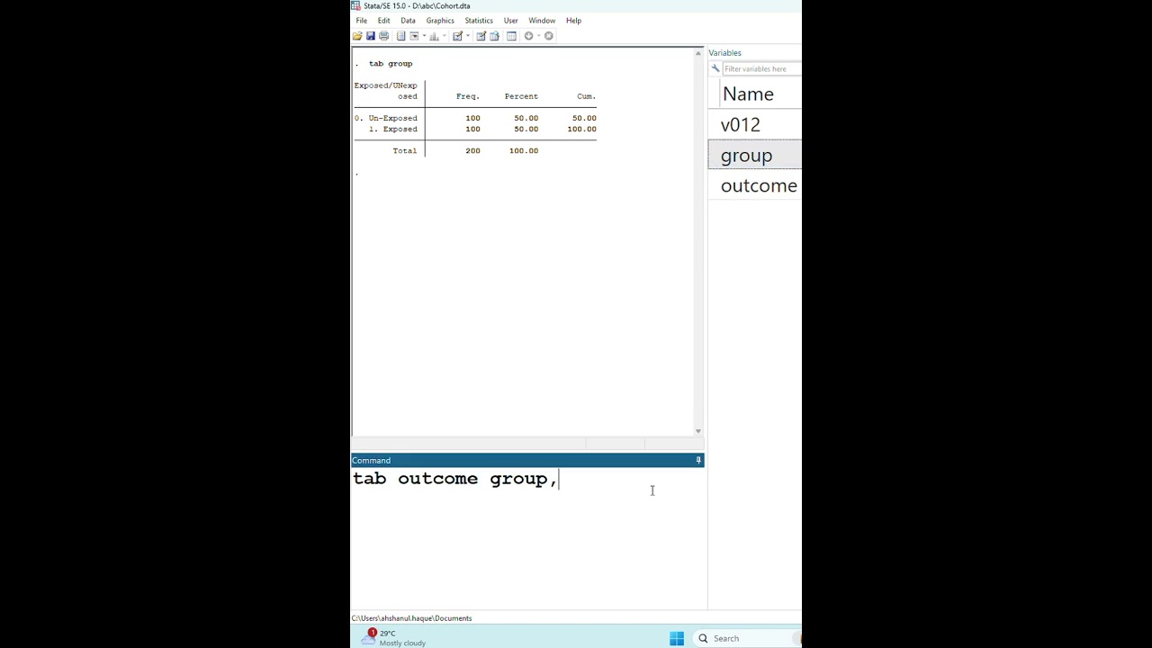 Risk Ratio / Relative Risk Calculation in Stata for Cohort Study  